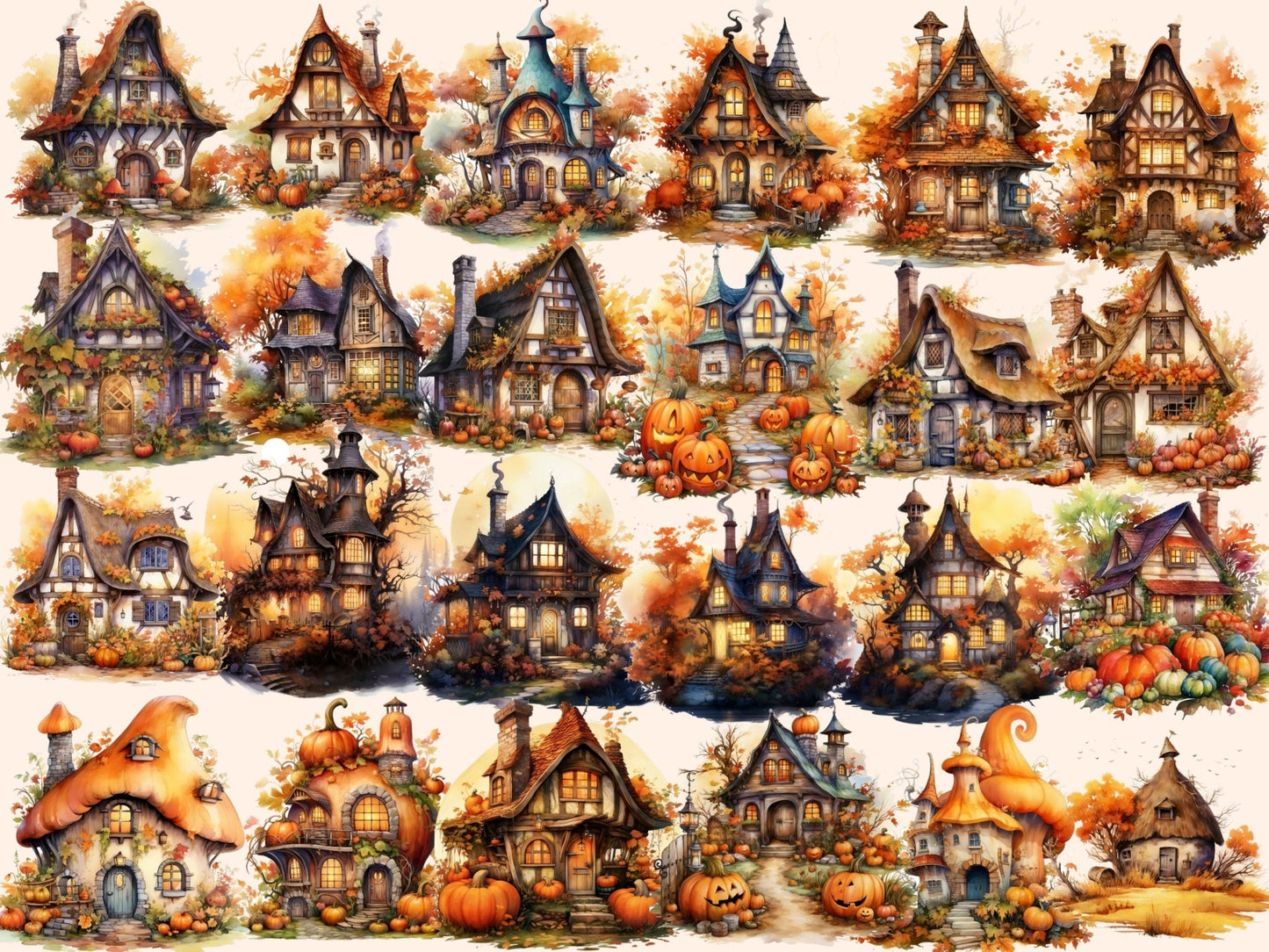 Autumn Fairy Houses Watercolor Clipart - High - Quality Instant Digital Download for Creative Projects