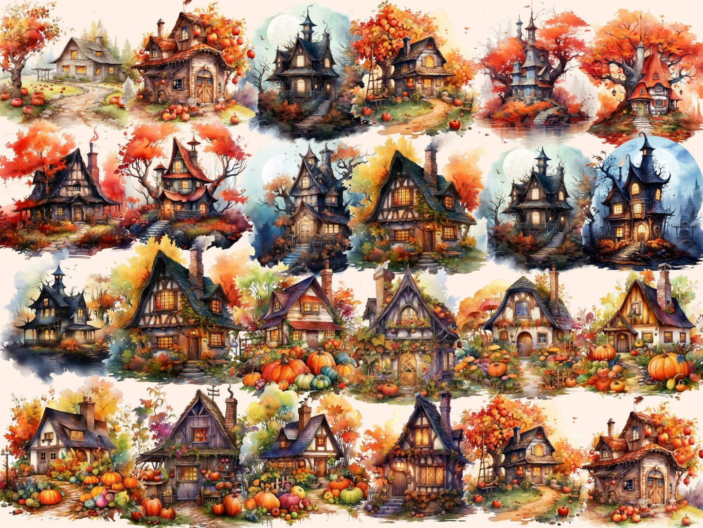 Autumn Fairy Houses Watercolor Clipart - High - Quality Instant Digital Download for Creative Projects