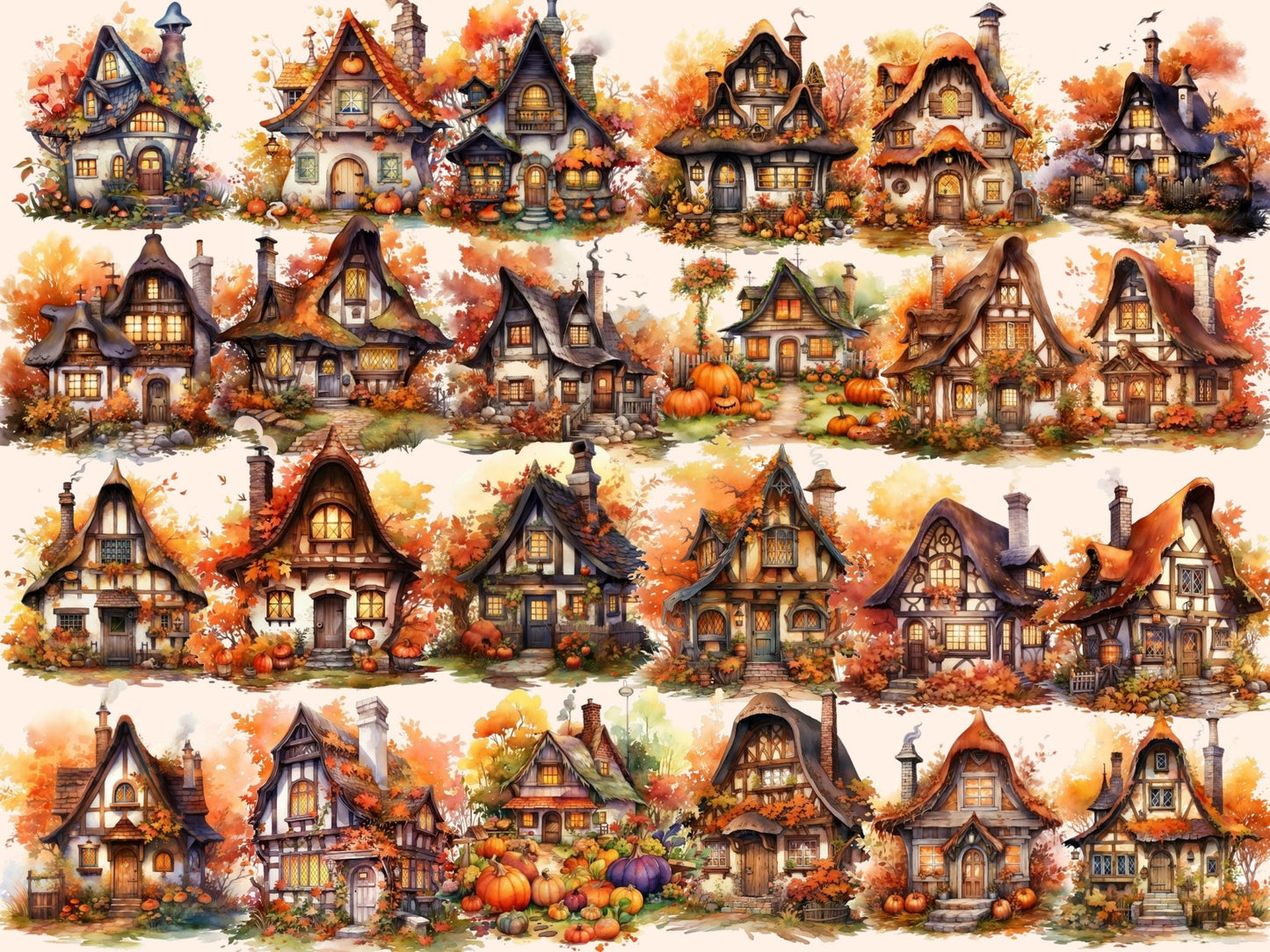 Autumn Fairy Houses Watercolor Clipart - High - Quality Instant Digital Download for Creative Projects