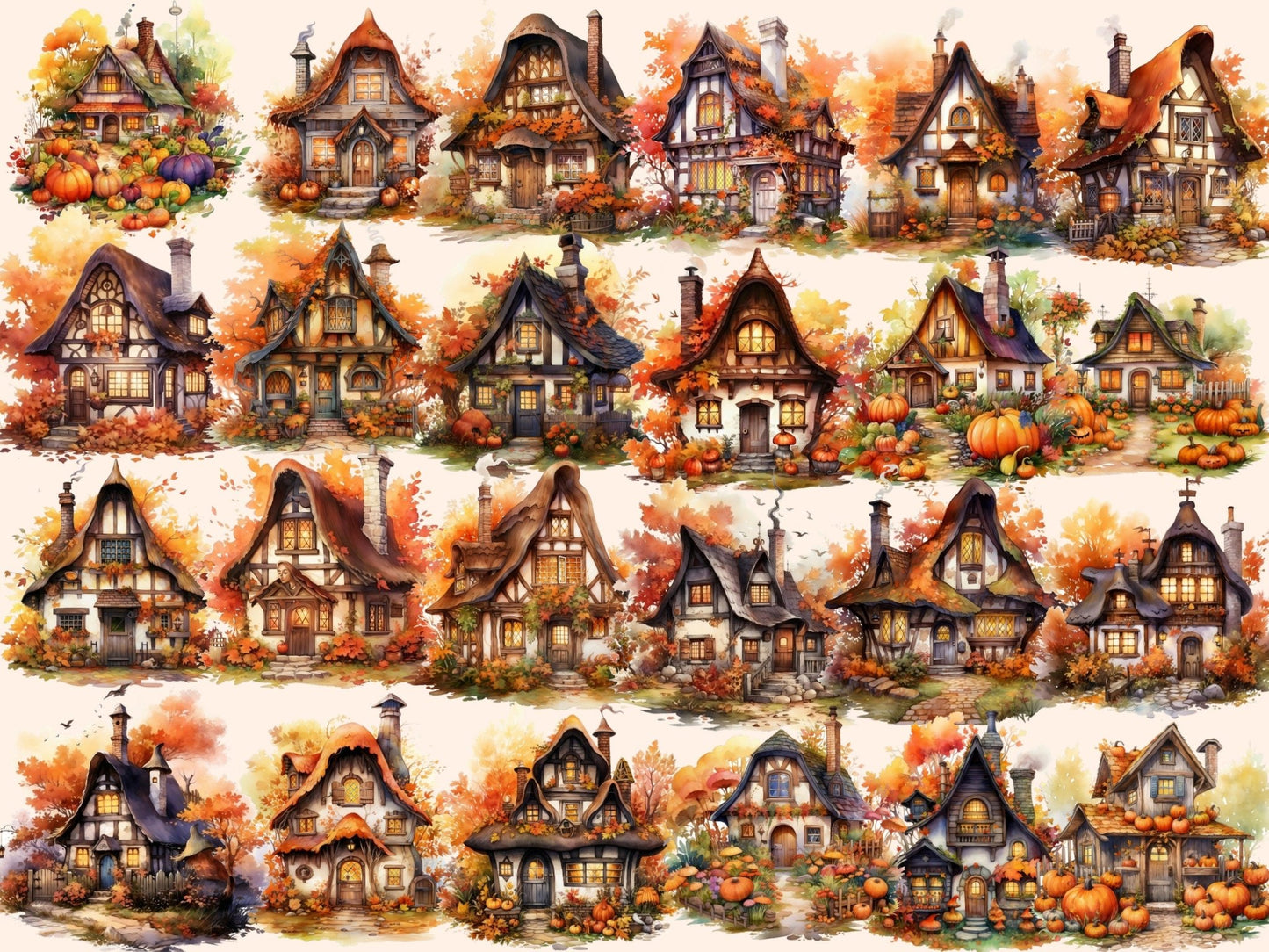 Autumn Fairy Houses Watercolor Clipart - High - Quality Instant Digital Download for Creative Projects