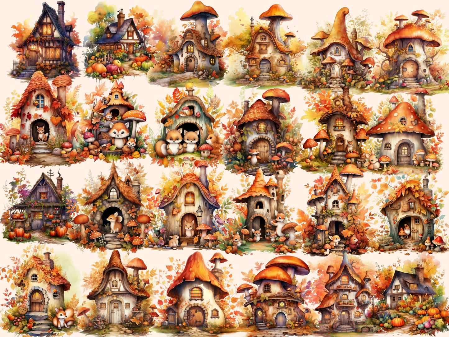 Autumn Fairy Houses Watercolor Clipart - High - Quality Instant Digital Download for Creative Projects