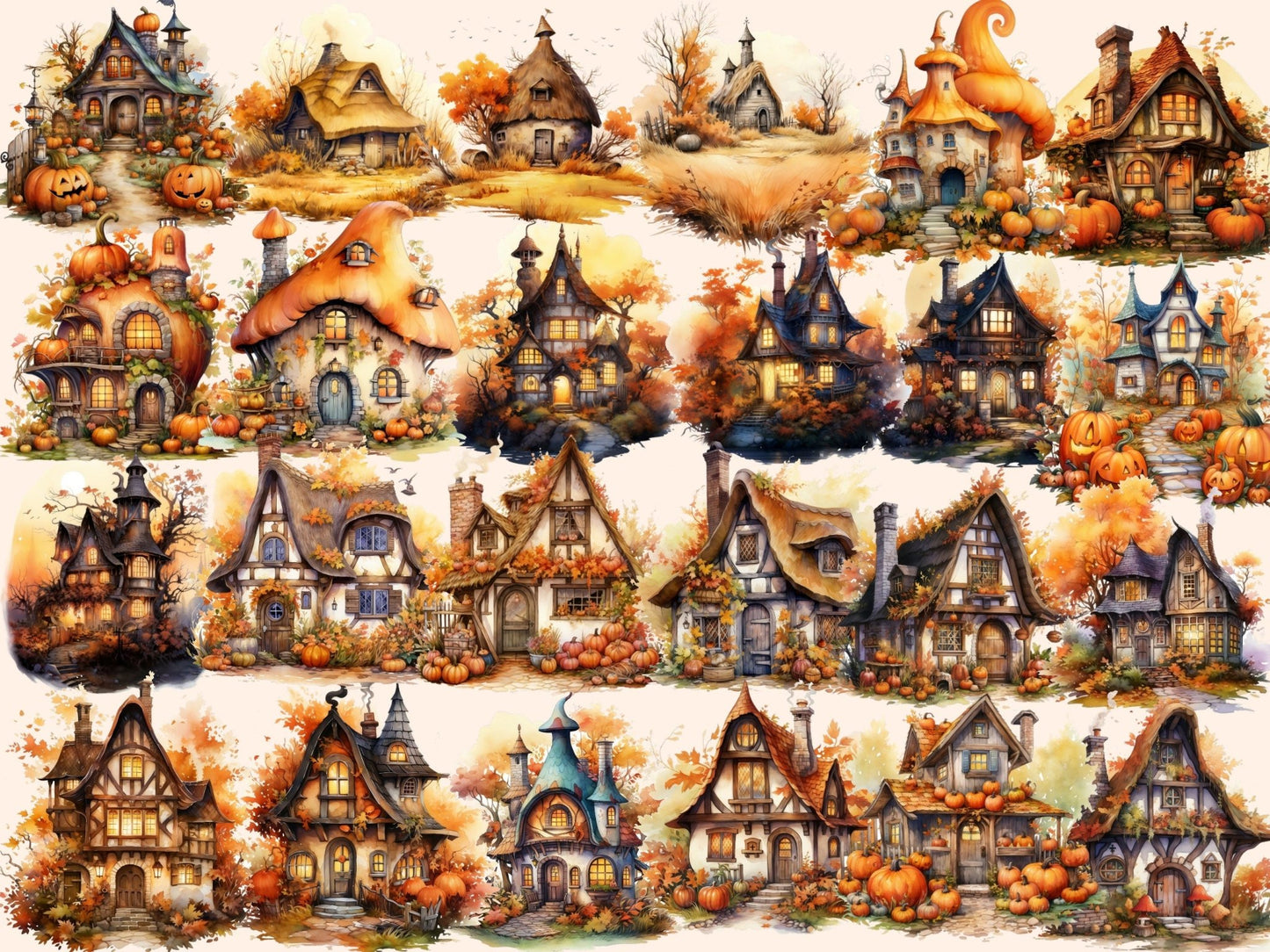 Autumn Fairy Houses Watercolor Clipart - High - Quality Instant Digital Download for Creative Projects