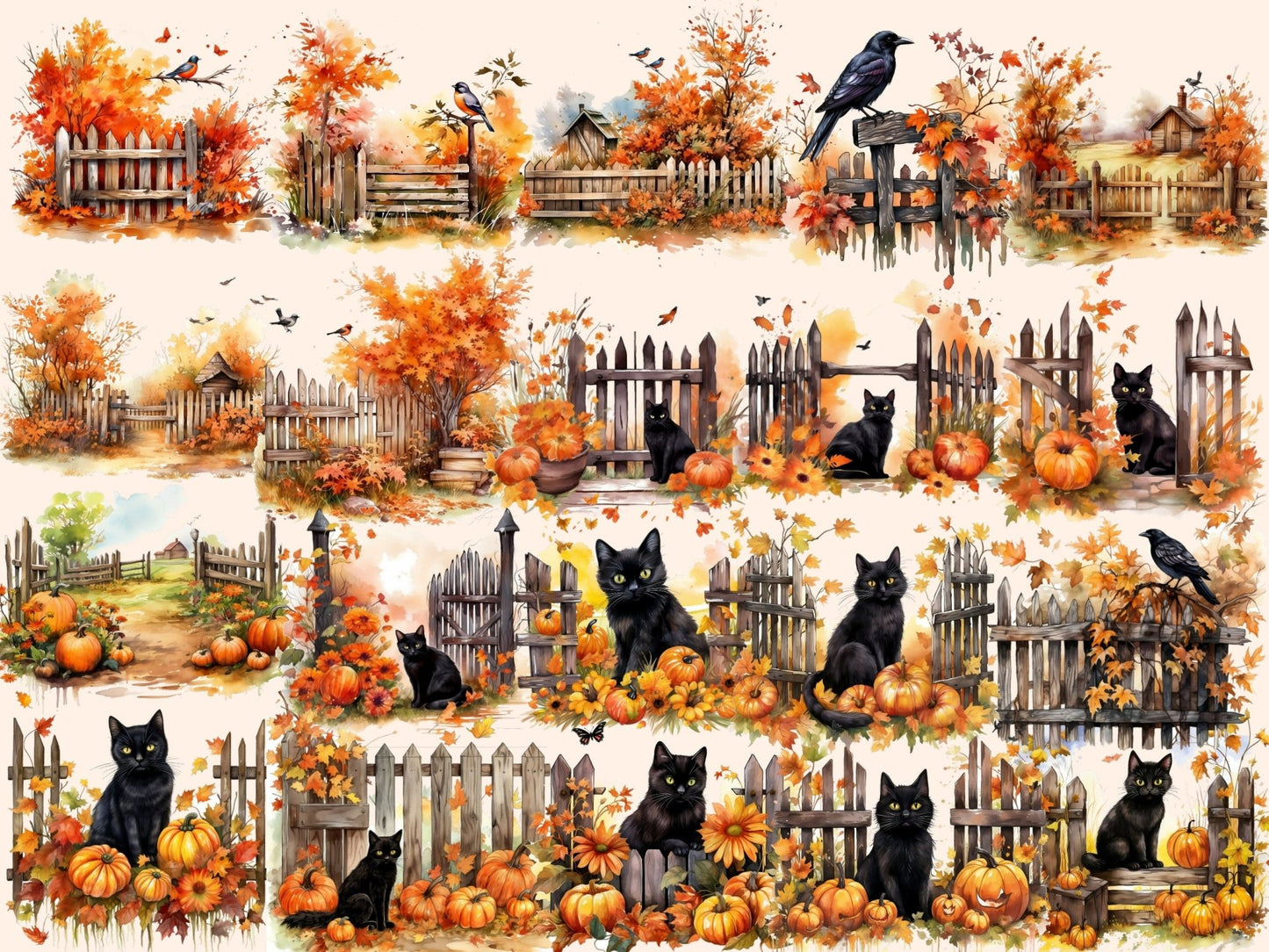 Autumn Fences Watercolor Clipart - High - Quality Instant Digital Download for Creative Projects