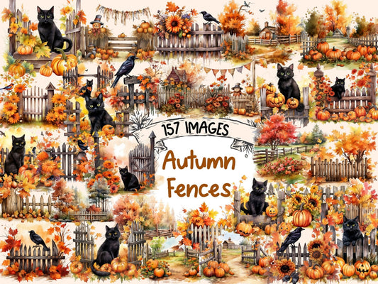 Autumn Fences Watercolor Clipart - High - Quality Instant Digital Download for Creative Projects