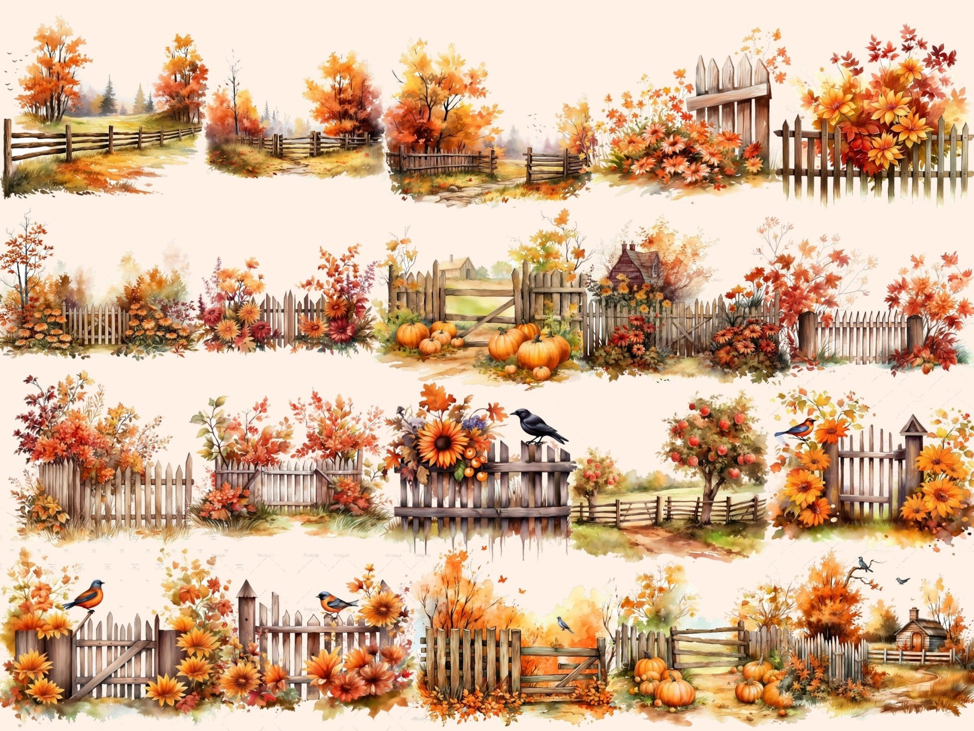 Autumn Fences Watercolor Clipart - High - Quality Instant Digital Download for Creative Projects