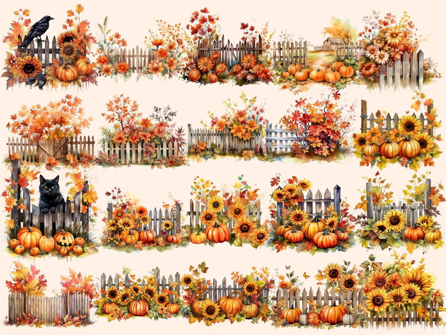 Autumn Fences Watercolor Clipart - High - Quality Instant Digital Download for Creative Projects