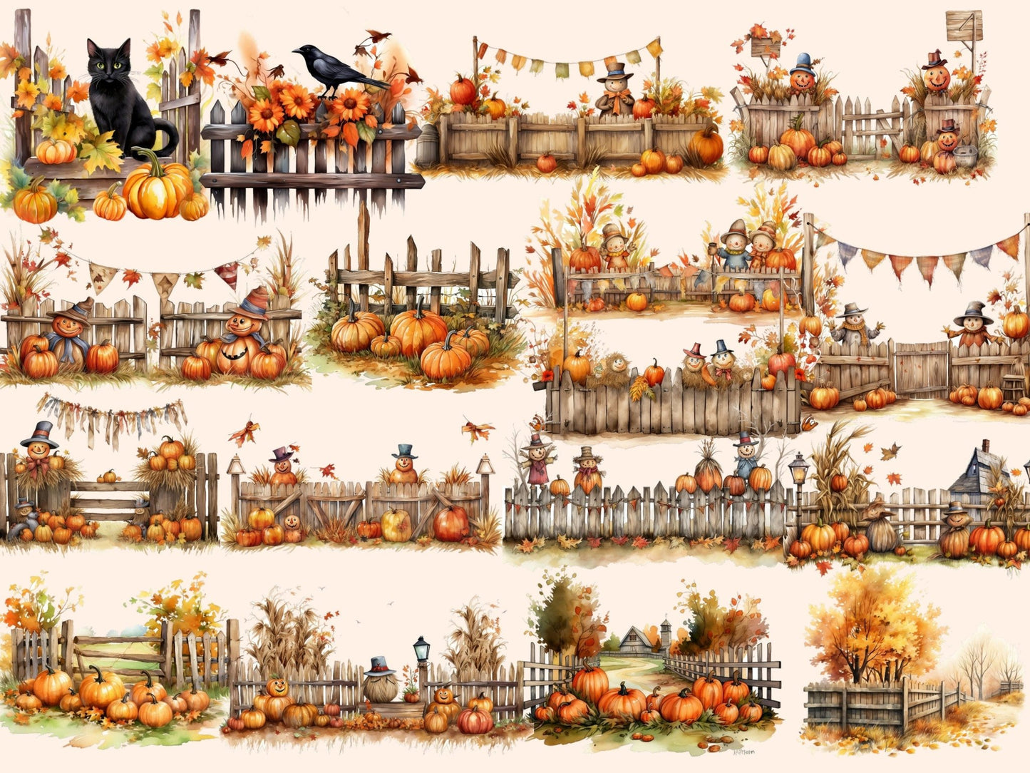 Autumn Fences Watercolor Clipart - High - Quality Instant Digital Download for Creative Projects