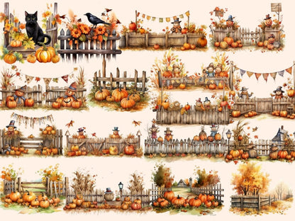 Autumn Fences Watercolor Clipart autumn clipart - Wonders Artist