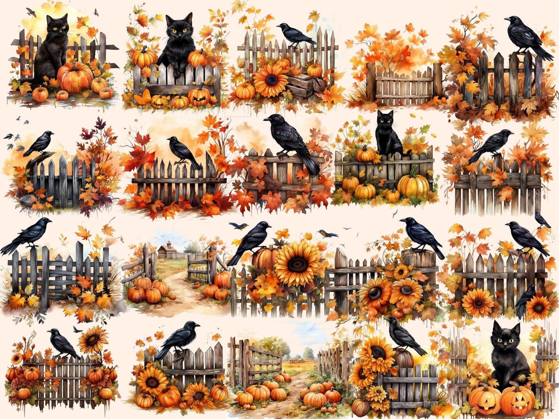 Autumn Fences Watercolor Clipart - High - Quality Instant Digital Download for Creative Projects