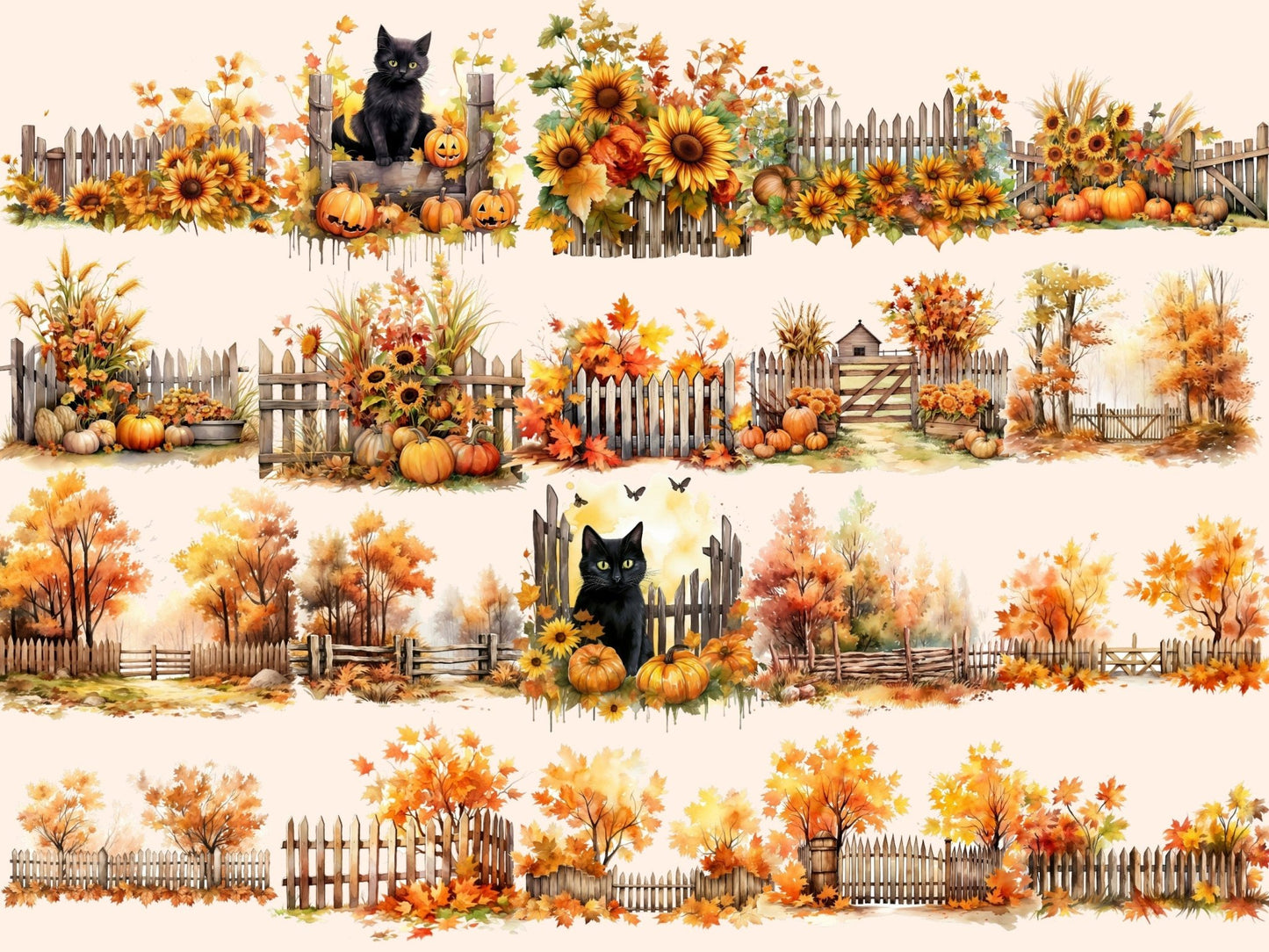 Autumn Fences Watercolor Clipart - High - Quality Instant Digital Download for Creative Projects