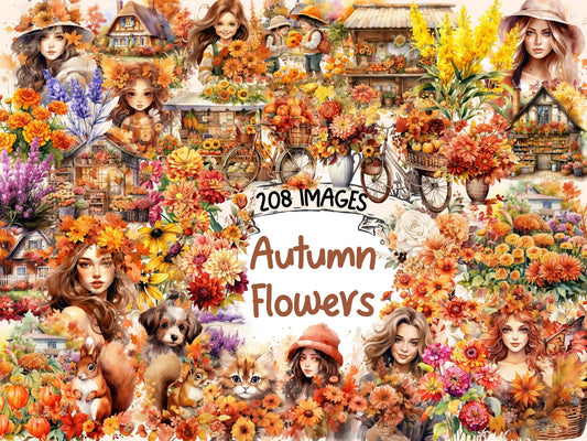 Autumn Flowers Watercolor Clipart - High - Quality Instant Digital Download for Creative Projects