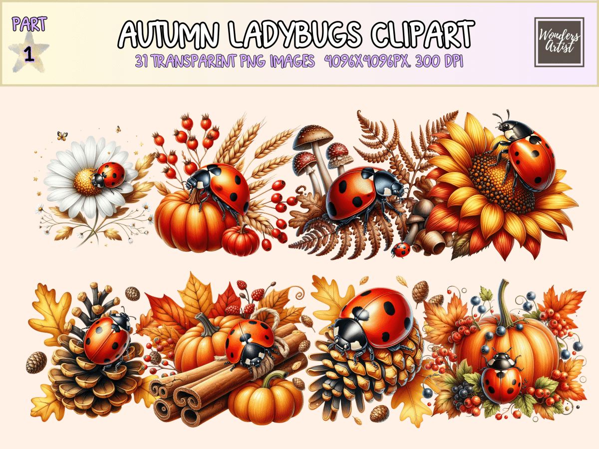 Autumn Ladybugs Clipart All Bundles Clipart Line Art - WondersArtist