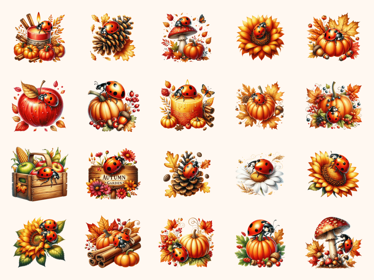 Autumn Ladybugs Clipart All Bundles Clipart Line Art - WondersArtist