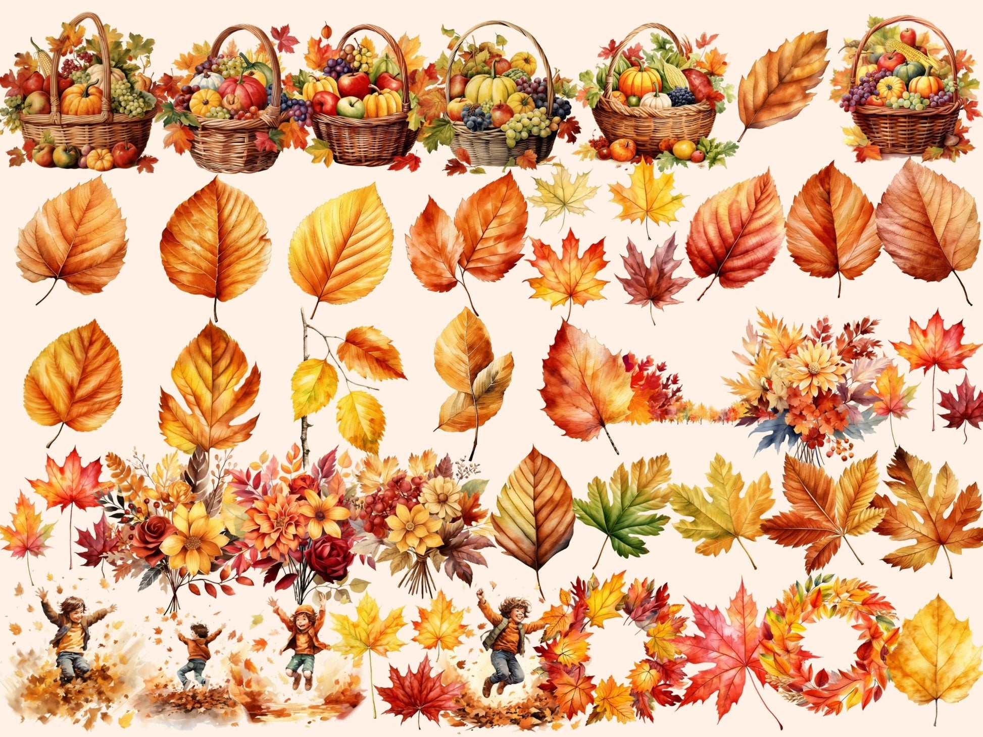 Autumn Leaves Watercolor Clipart - High - Quality Instant Digital Download for Creative Projects