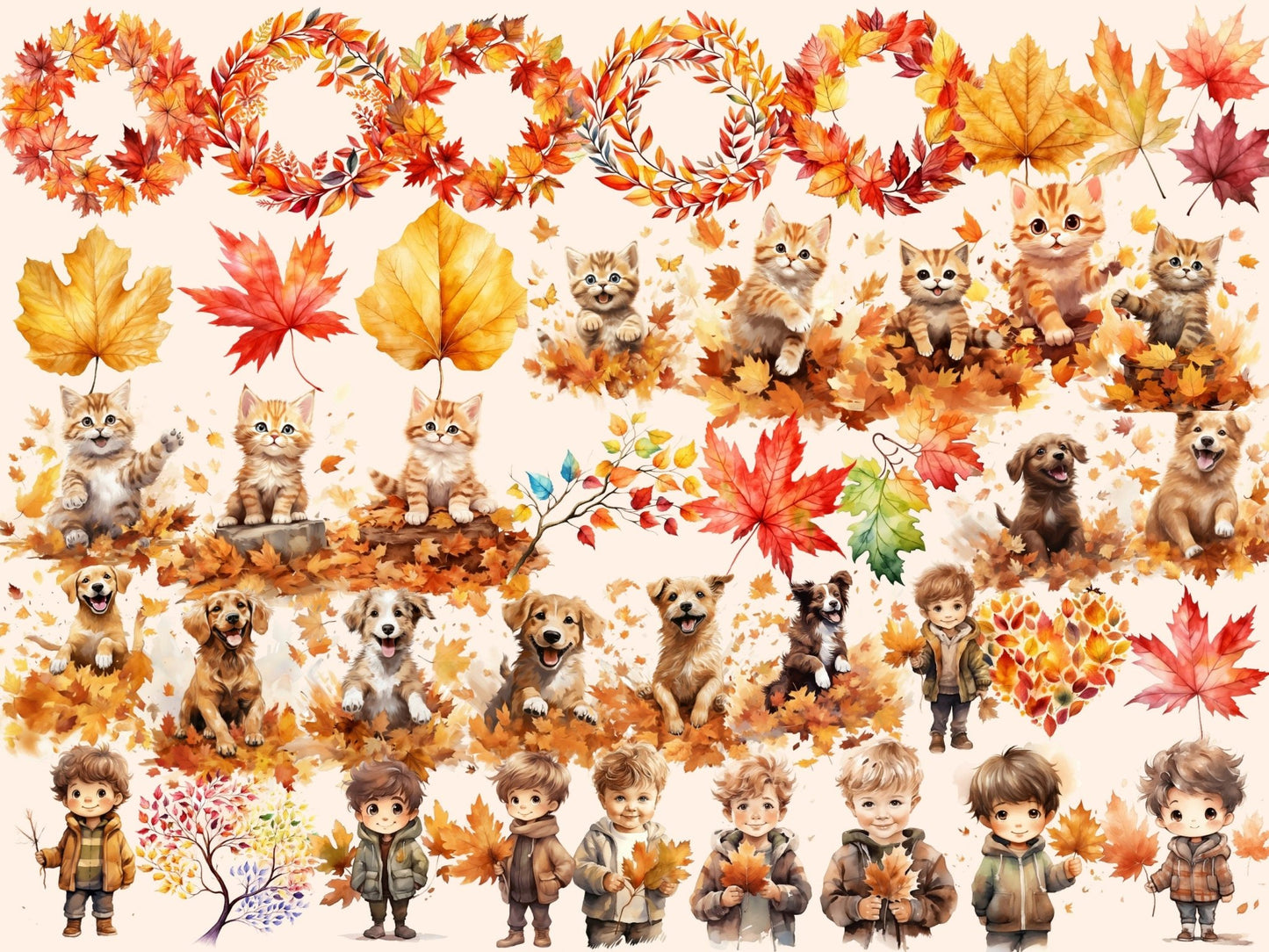 Autumn Leaves Watercolor Clipart - High - Quality Instant Digital Download for Creative Projects