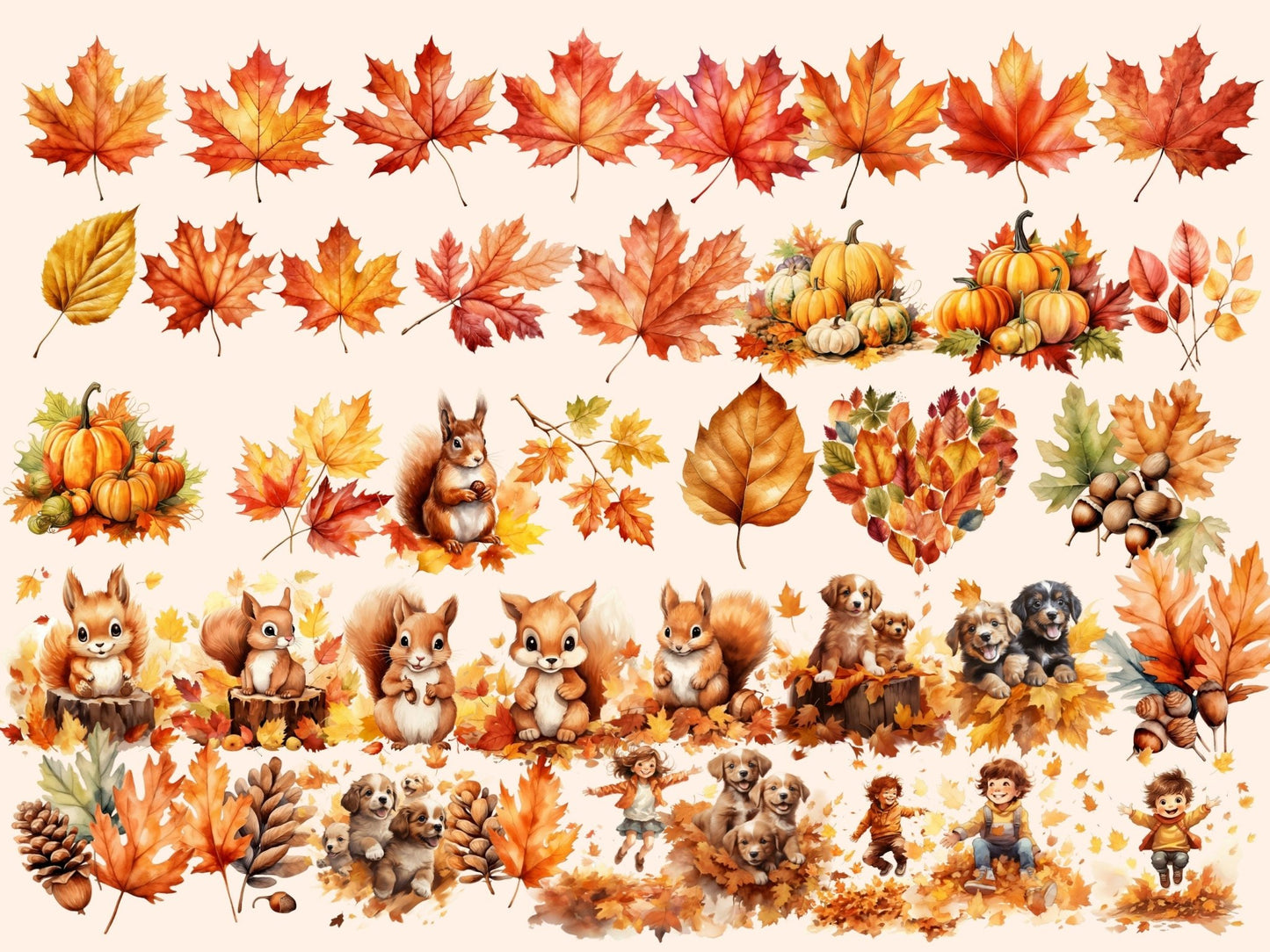 Autumn Leaves Watercolor Clipart - High - Quality Instant Digital Download for Creative Projects