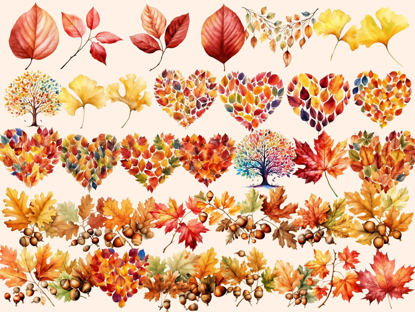 Autumn Leaves Watercolor Clipart - High - Quality Instant Digital Download for Creative Projects