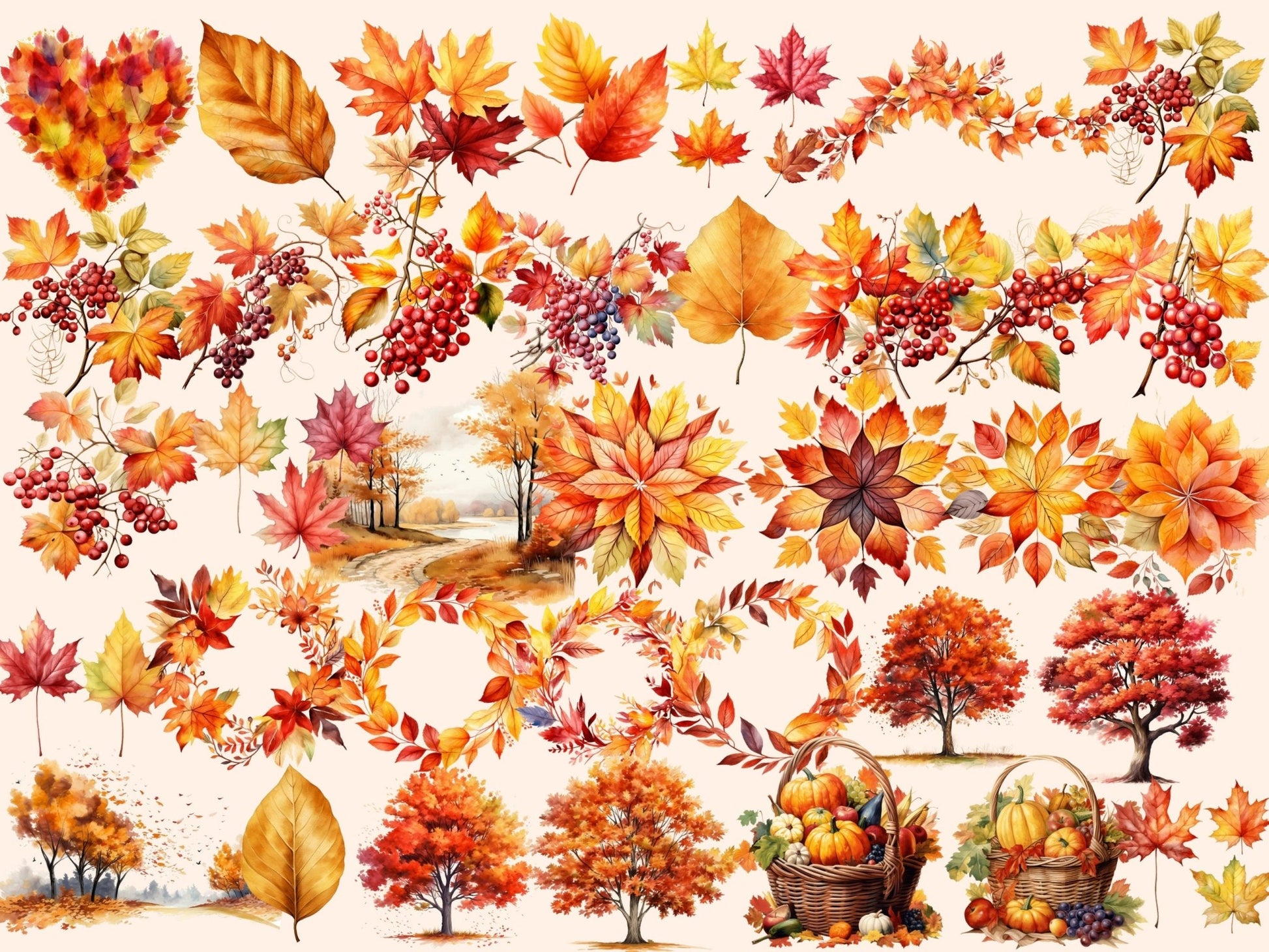 Autumn Leaves Watercolor Clipart - High - Quality Instant Digital Download for Creative Projects