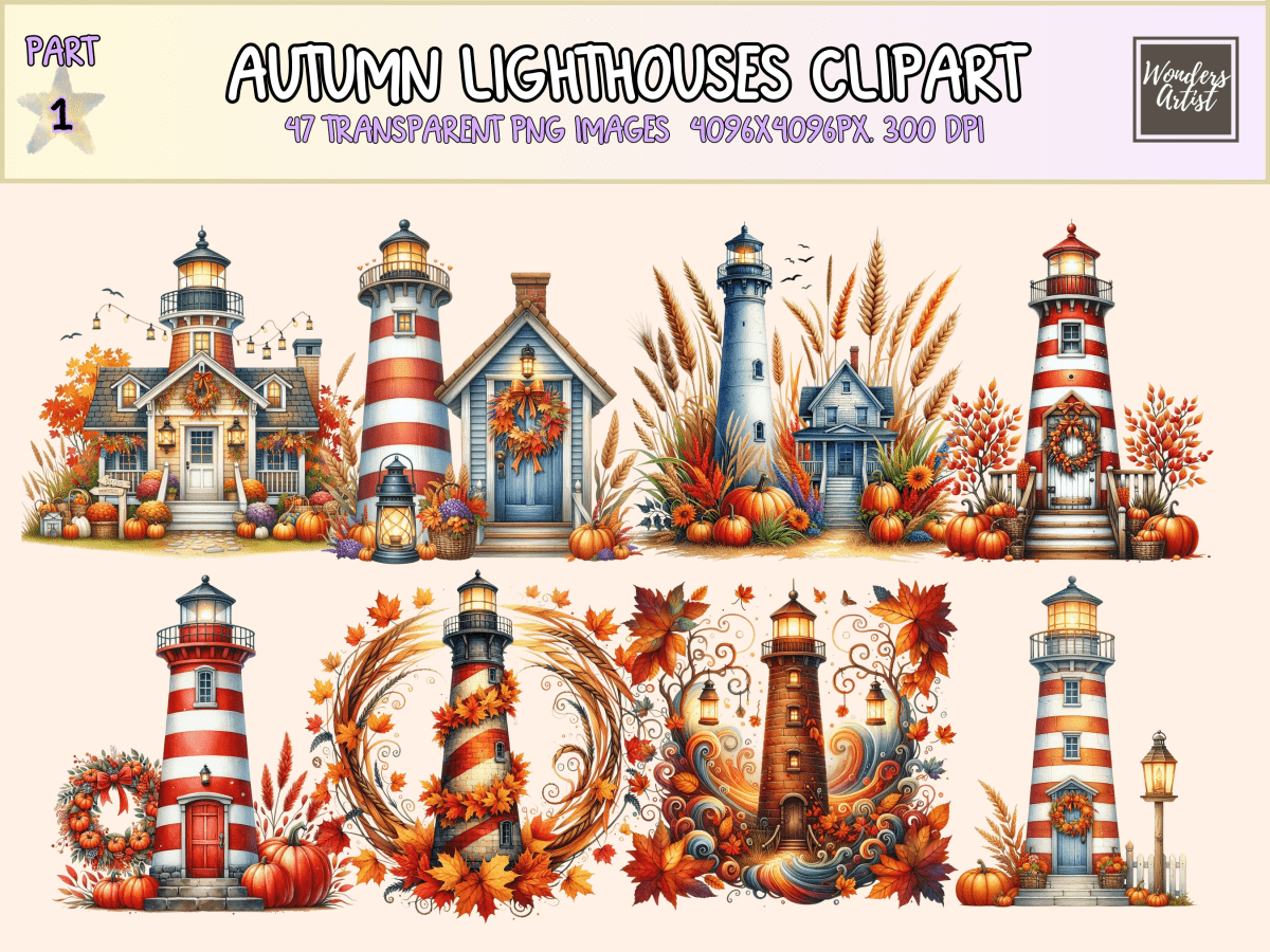 Autumn Lighthouses Clipart All Bundles Clipart Line Art - WondersArtist