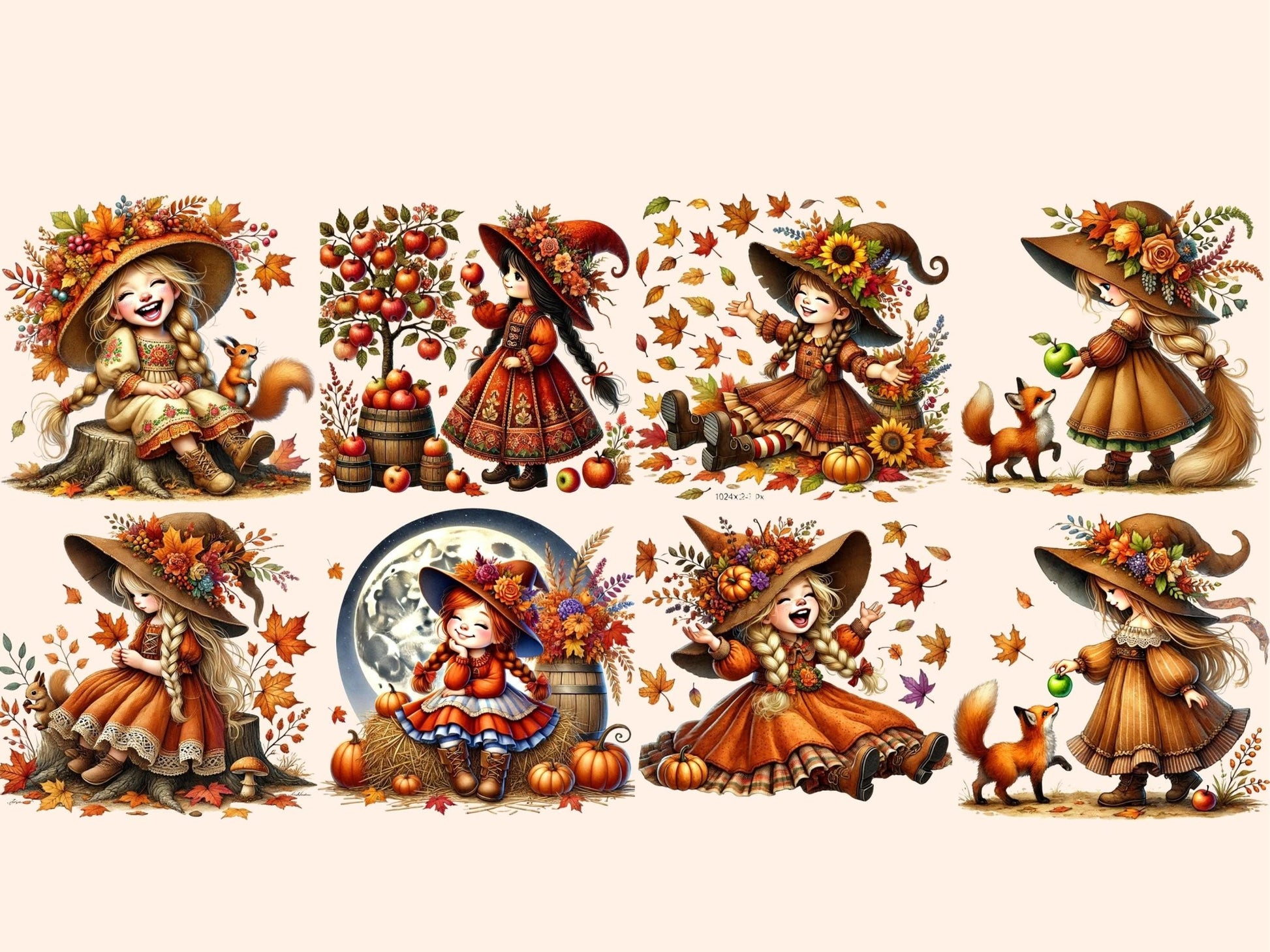 Autumn Little Girls (P2) Clipart - High - Quality Instant Digital Download for Creative Projects