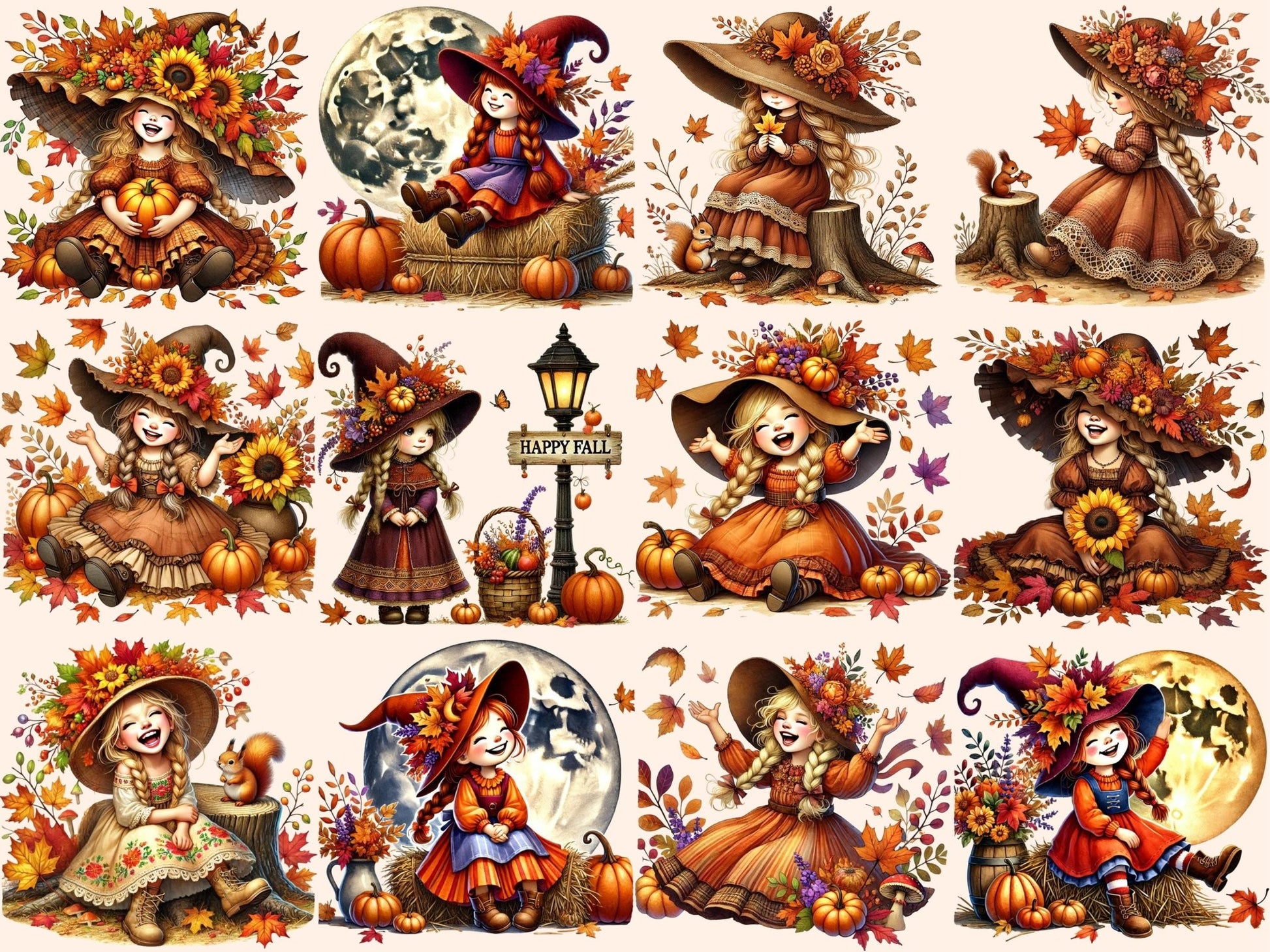 Autumn Little Girls (P2) Clipart - High - Quality Instant Digital Download for Creative Projects