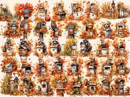 Autumn Mailboxes Watercolor Clipart autumn clipart - Wonders Artist