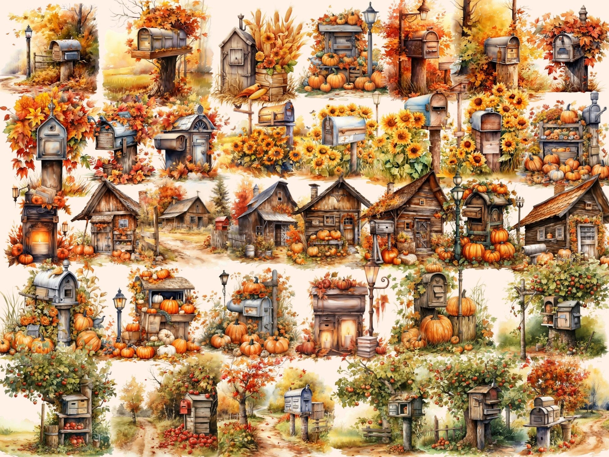 Autumn Mailboxes Watercolor Clipart - High - Quality Instant Digital Download for Creative Projects