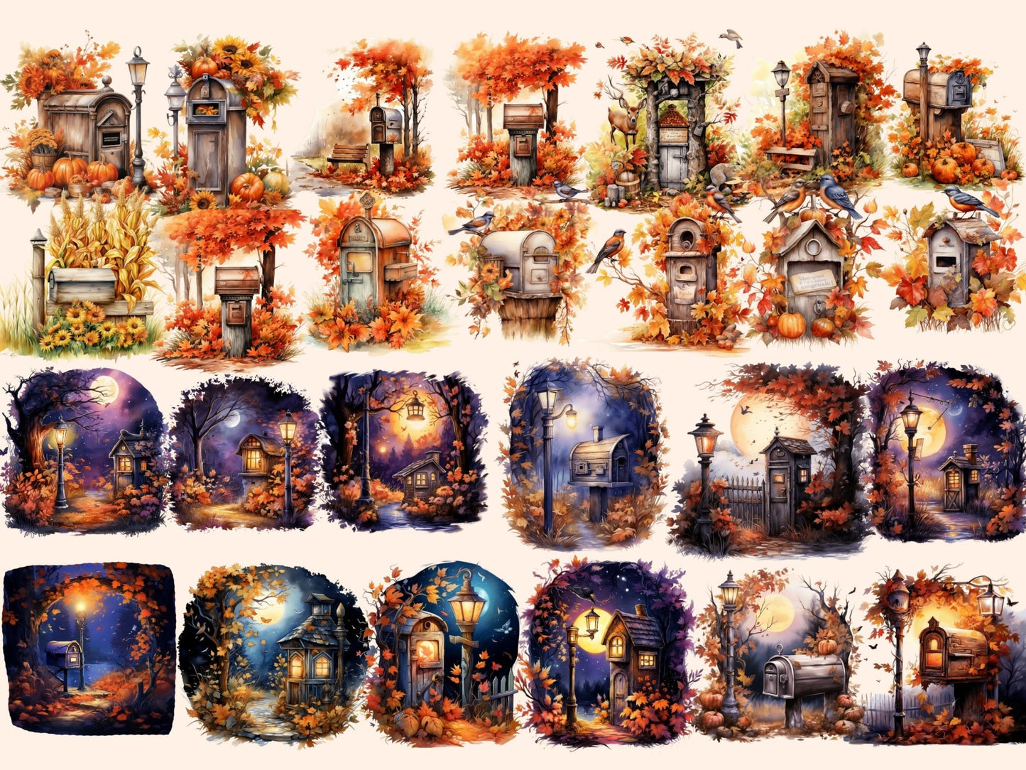 Autumn Mailboxes Watercolor Clipart - High - Quality Instant Digital Download for Creative Projects