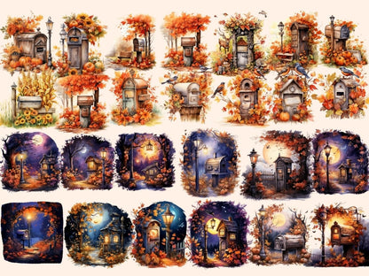 Autumn Mailboxes Watercolor Clipart autumn clipart - Wonders Artist