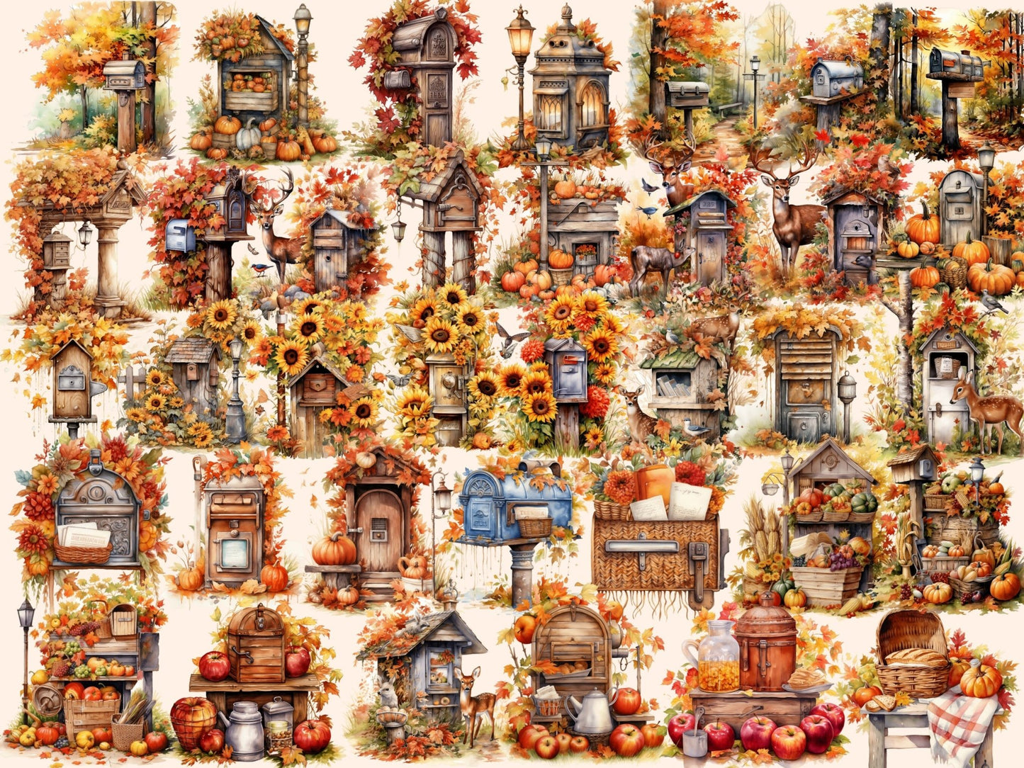 Autumn Mailboxes Watercolor Clipart - High - Quality Instant Digital Download for Creative Projects