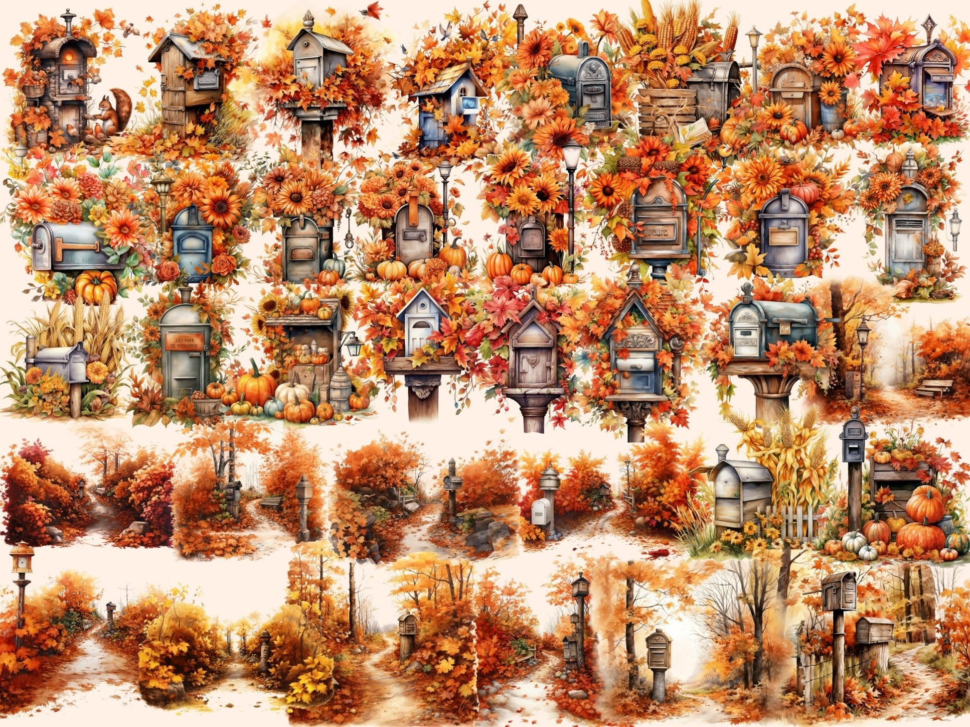 Autumn Mailboxes Watercolor Clipart - High - Quality Instant Digital Download for Creative Projects