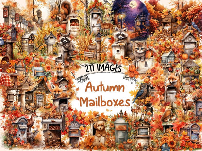 Autumn Mailboxes Watercolor Clipart autumn clipart - Wonders Artist