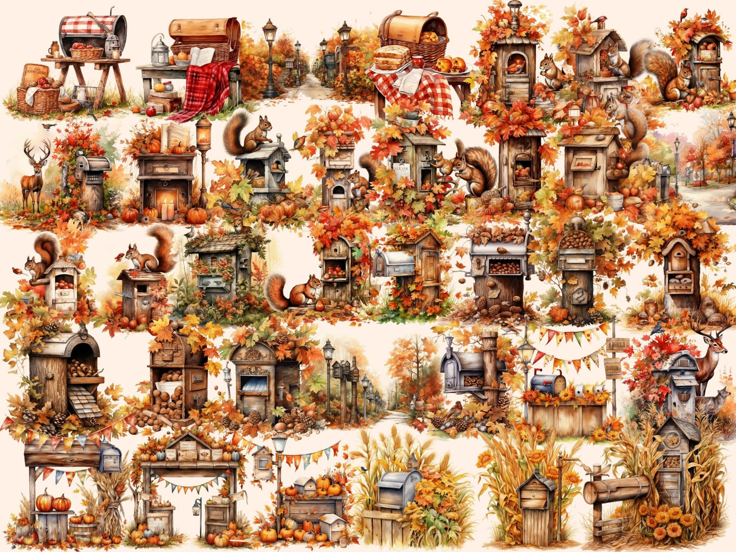 Autumn Mailboxes Watercolor Clipart - High - Quality Instant Digital Download for Creative Projects