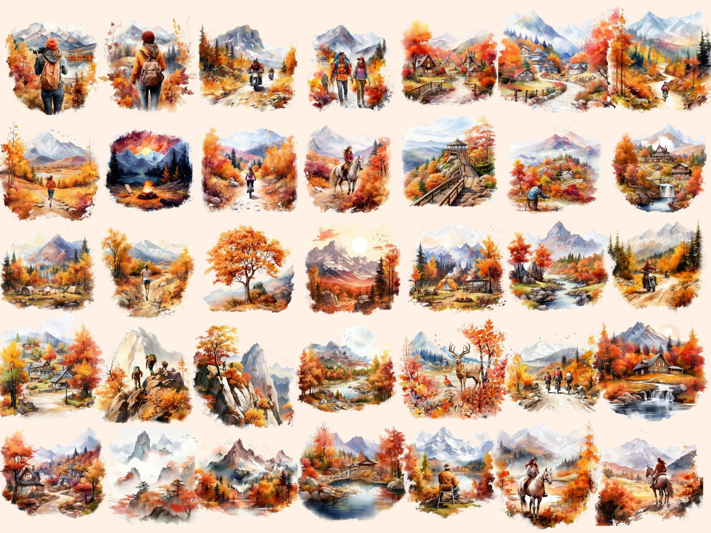 Autumn Mountains Watercolor Clipart - High - Quality Instant Digital Download for Creative Projects