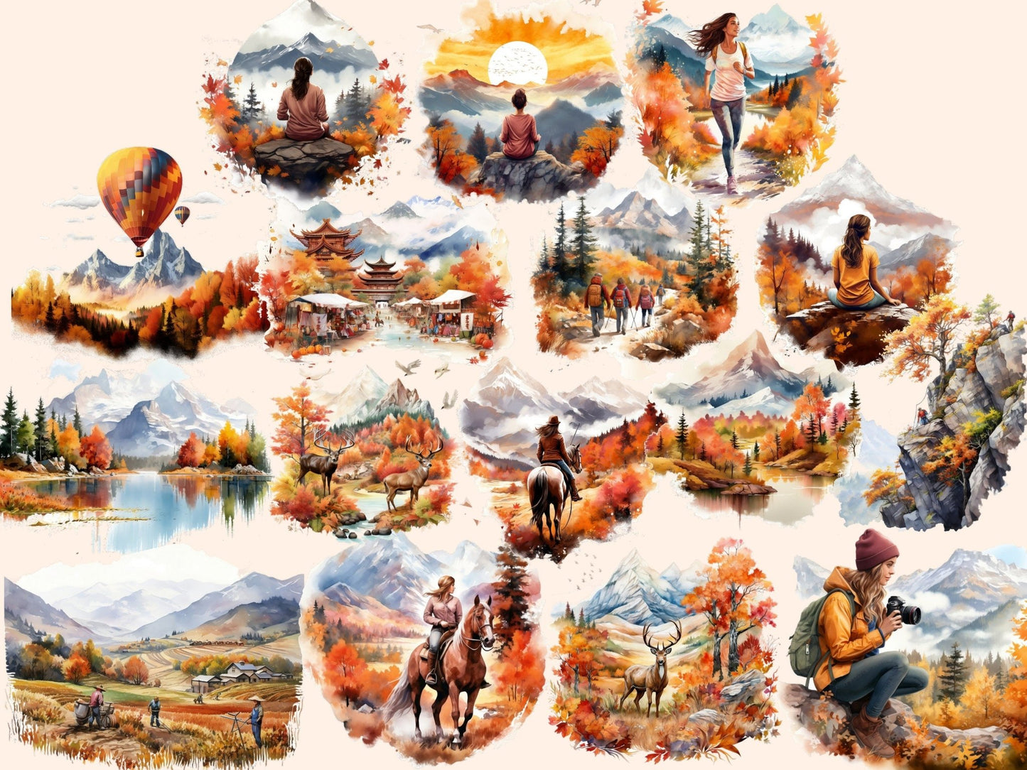 Autumn Mountains Watercolor Clipart - High - Quality Instant Digital Download for Creative Projects