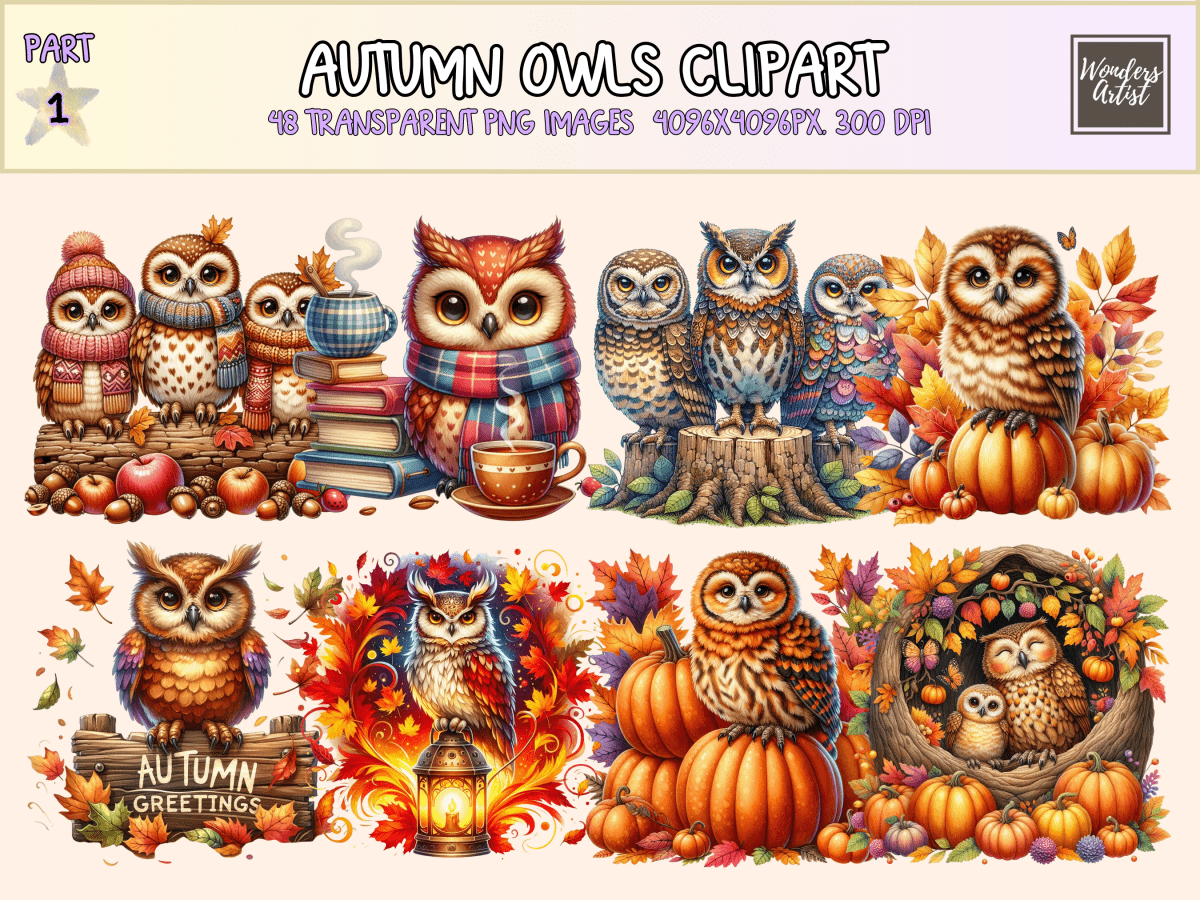 Autumn Owls Clipart All Bundles Clipart Line Art - WondersArtist