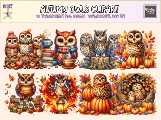 Autumn Owls Clipart All Bundles Clipart Line Art - WondersArtist