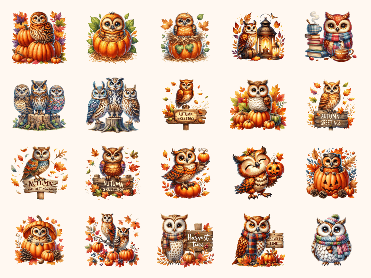 Autumn Owls Clipart All Bundles Clipart Line Art - WondersArtist