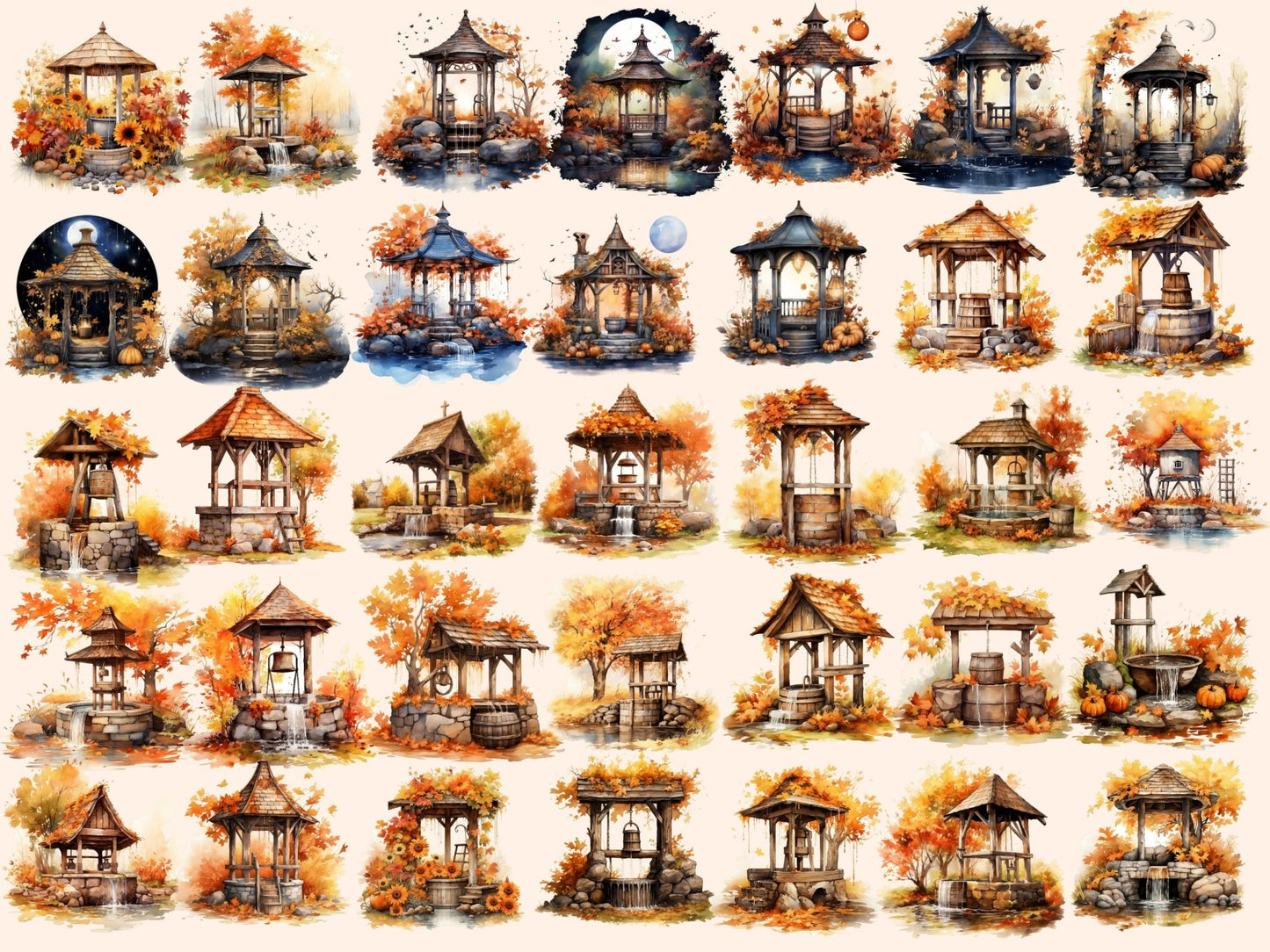 Autumn Wells Watercolor Clipart - High - Quality Instant Digital Download for Creative Projects