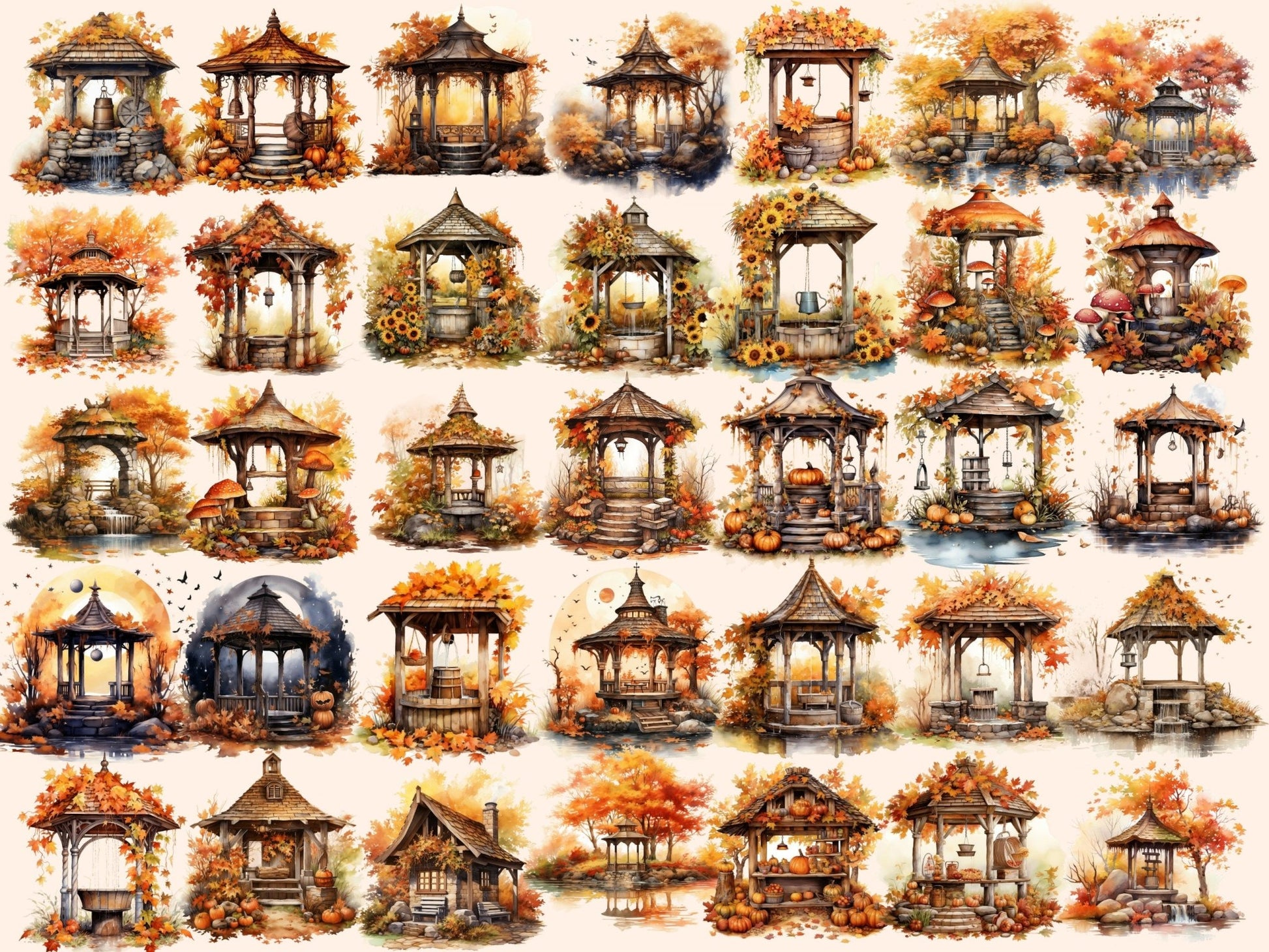 Autumn Wells Watercolor Clipart - High - Quality Instant Digital Download for Creative Projects