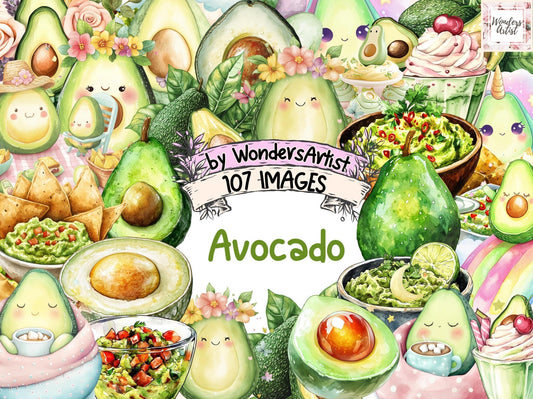 Avocado Watercolor Clipart Bundle - High - Quality Instant Digital Download for Creative Projects