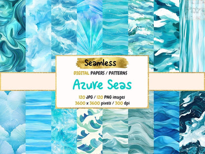 Azure Seas Seamless Pattern Digital Papers aquatic background Azure seas beach texture print - WondersArtist