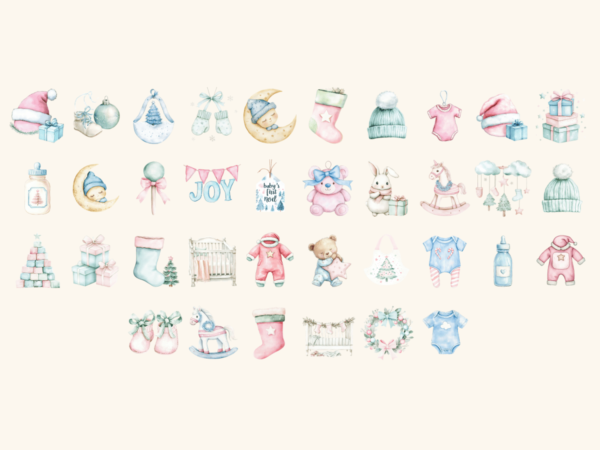 Baby Christmas Watercolor Clipart All Bundles Clipart Line Art - WondersArtist