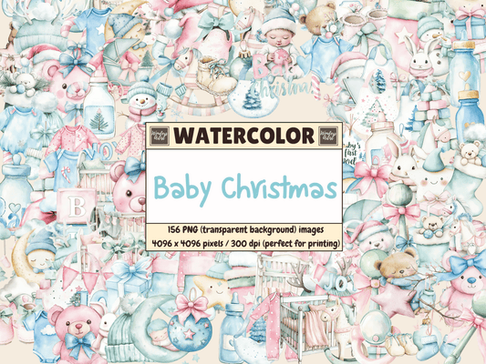 Baby Christmas Watercolor Clipart All Bundles Clipart Line Art - WondersArtist