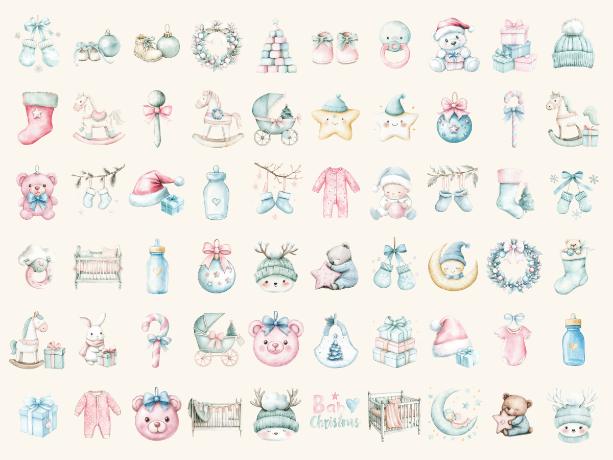 Baby Christmas Watercolor Clipart All Bundles Clipart Line Art - WondersArtist