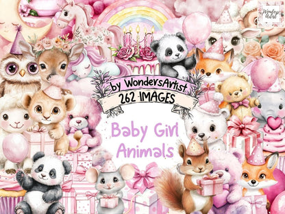 Baby Girl Animals Watercolor Clipart Adorable Animal Art - Wonders Artist