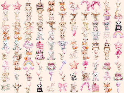 Baby Girl Animals Watercolor Clipart Adorable Animal Art - Wonders Artist