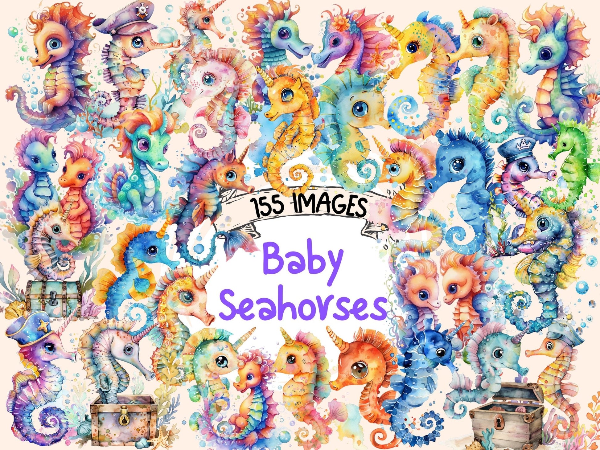 Baby Seahorses Watercolor Clipart - High - Quality Instant Digital Download for Creative Projects