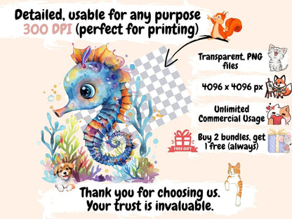Baby Seahorses Watercolor Clipart baby animal clipart - Wonders Artist