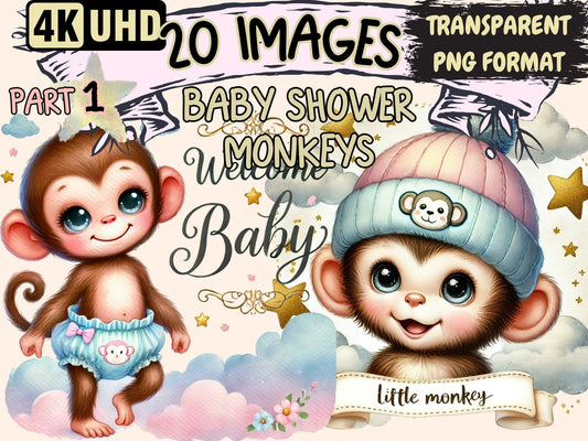 Baby Shower Monkeys Clipart - High - Quality Instant Digital Download for Creative Projects